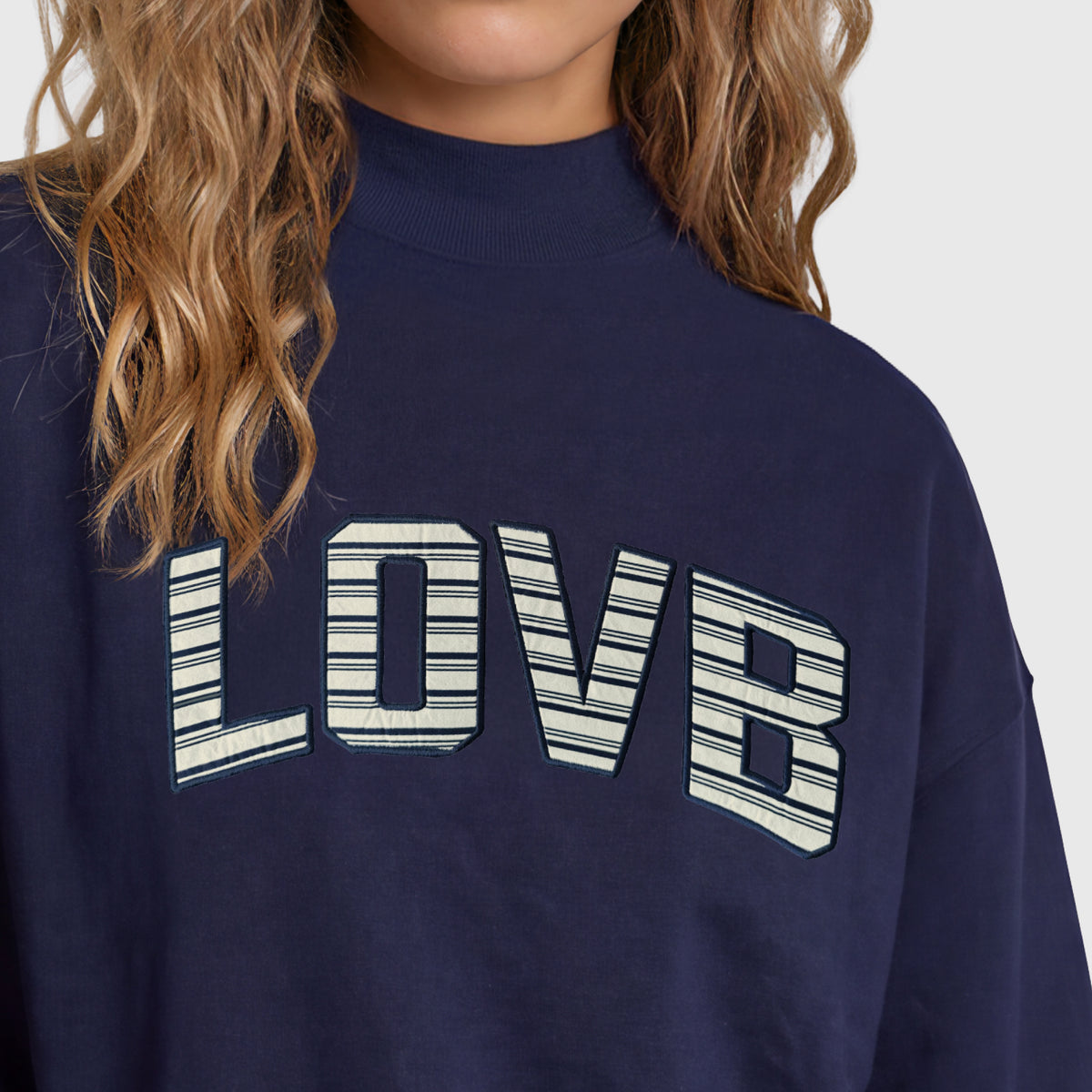 LOVB Varsity Edit Navy Mock Neck Fleece Sweatshirt
