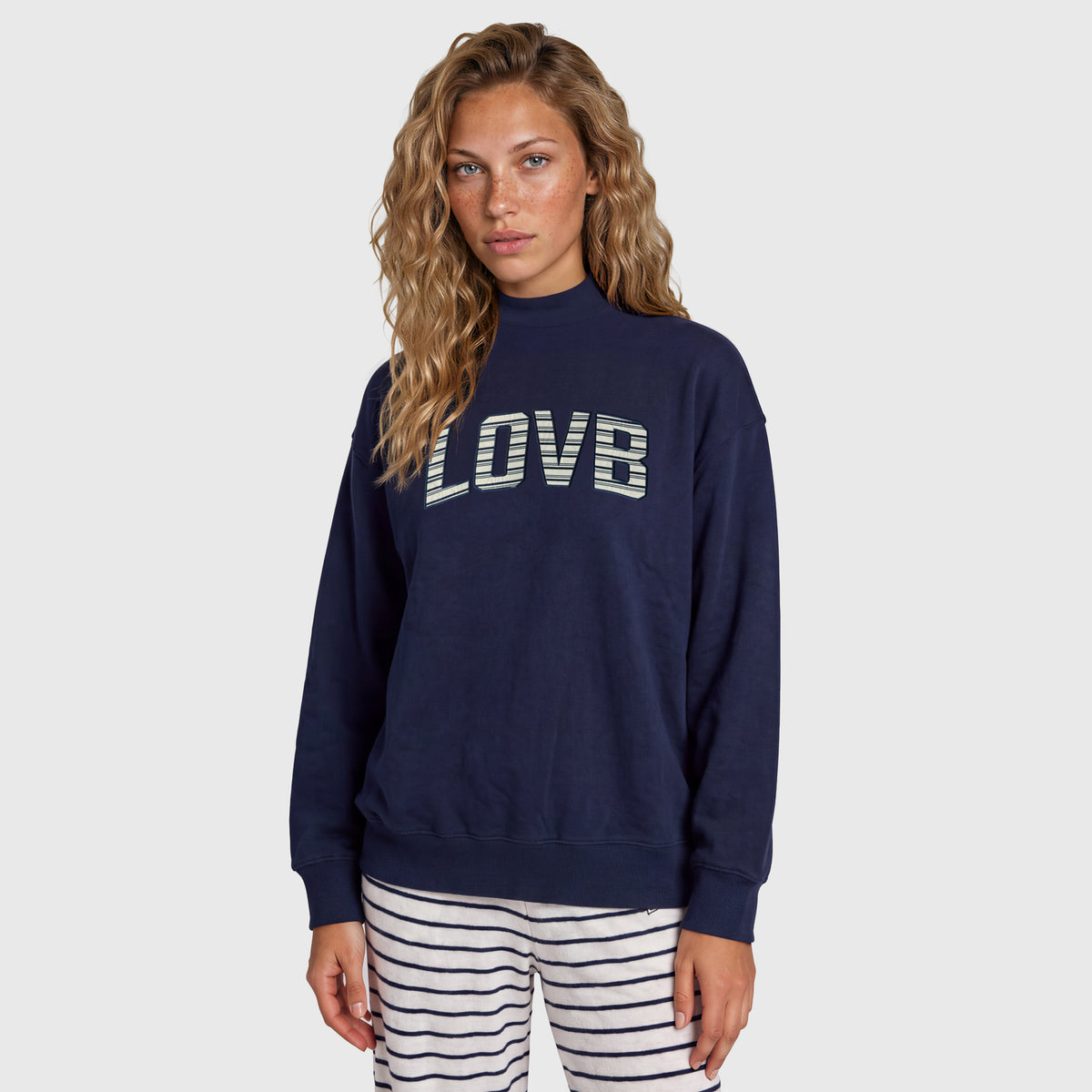 LOVB Varsity Edit Navy Mock Neck Fleece Sweatshirt