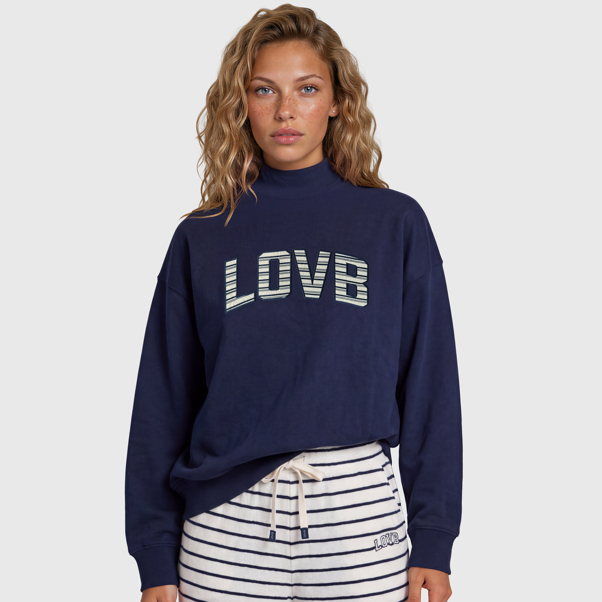 LOVB Varsity Edit Navy Mock Neck Fleece Sweatshirt